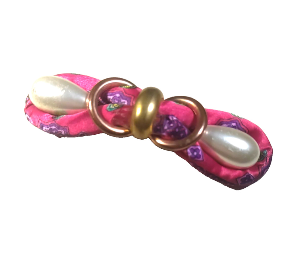 Home Made Hair Barrette Tension Clip Faux Pearls Gold Tone Red